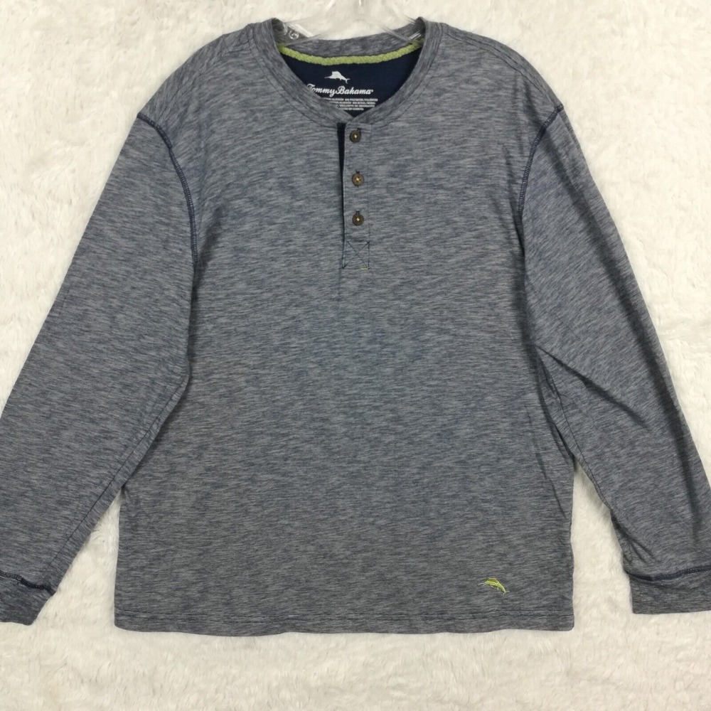 Tommy Bahama Mens Top Henley Long Sleeve Tee Blue Heather Pullover Crew Neck L